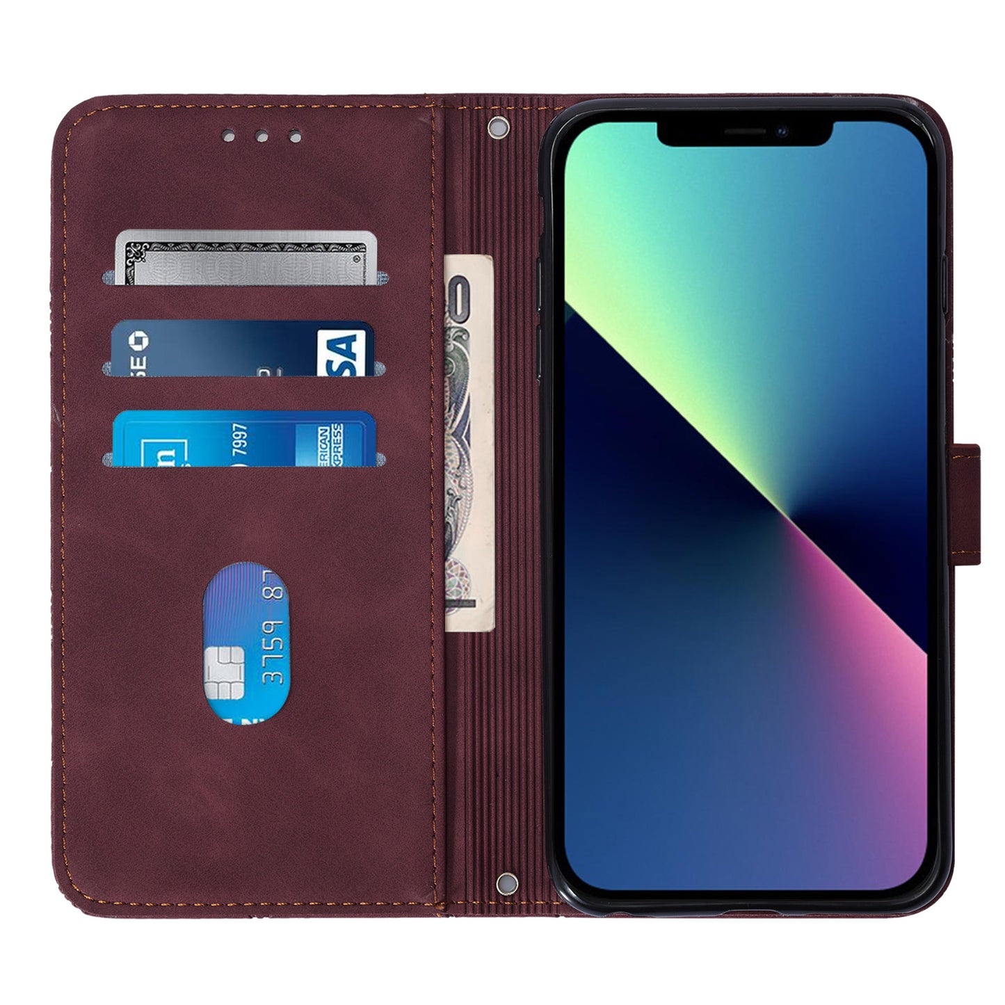 YB Imprinting Series-1 for iPhone 15 PU Leather Phone Case Imprinted Wallet Stand Cover with Hand Strap - Wine Red