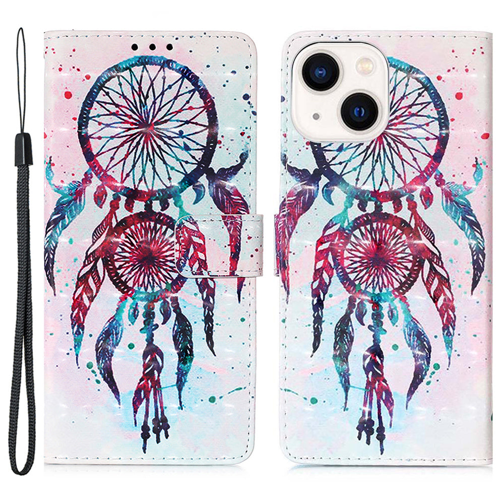 YB Pattern Printing Leather Series-2 for iPhone 15 Stand Phone Cover 3D Pattern Printed Flip Wallet Case - Colorful Wind Chime