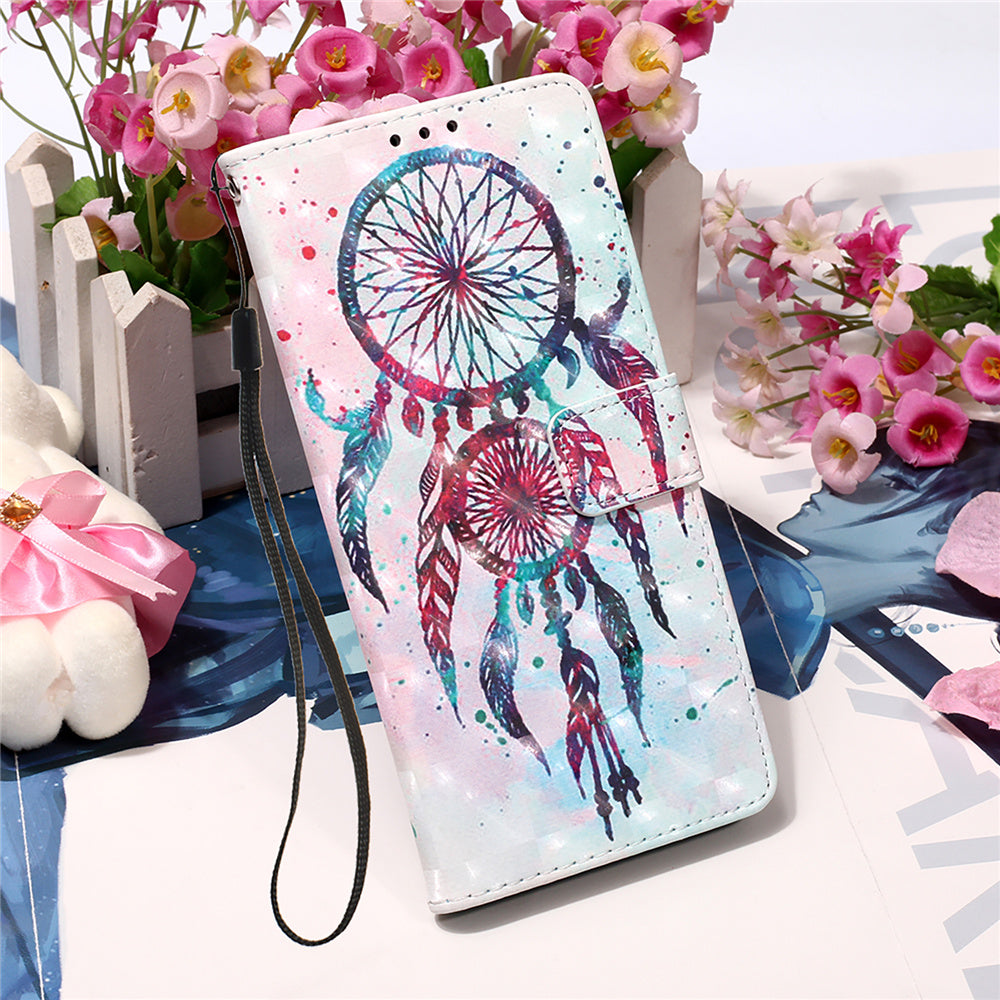YB Pattern Printing Leather Series-2 for iPhone 15 Stand Phone Cover 3D Pattern Printed Flip Wallet Case - Colorful Wind Chime