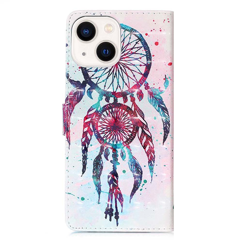 YB Pattern Printing Leather Series-2 for iPhone 15 Stand Phone Cover 3D Pattern Printed Flip Wallet Case - Colorful Wind Chime