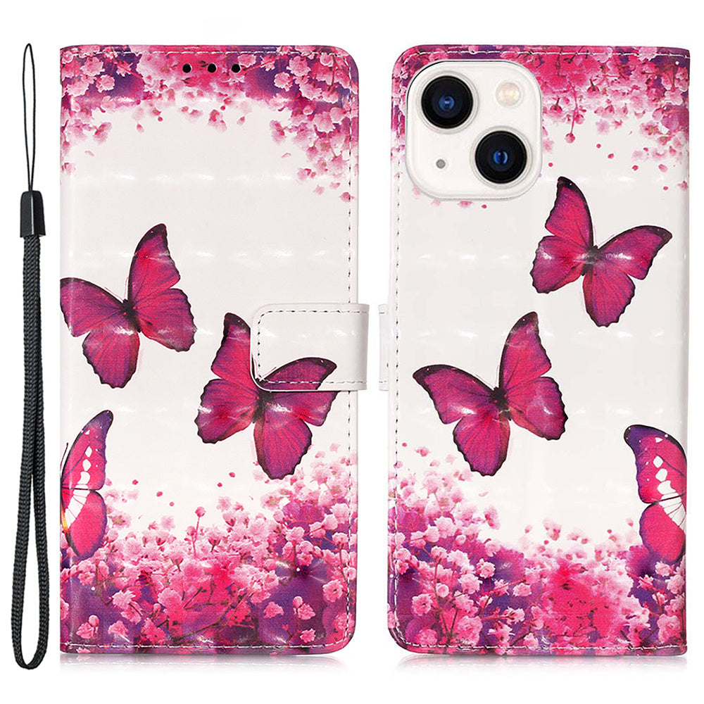 YB Pattern Printing Leather Series-2 for iPhone 15 Stand Phone Cover 3D Pattern Printed Flip Wallet Case - Rose Butterflies
