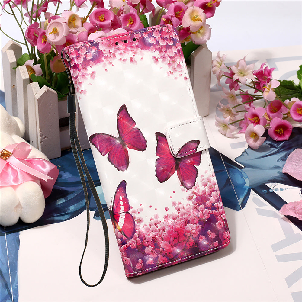 YB Pattern Printing Leather Series-2 for iPhone 15 Stand Phone Cover 3D Pattern Printed Flip Wallet Case - Rose Butterflies