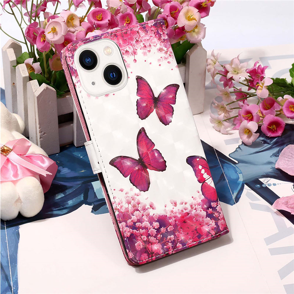 YB Pattern Printing Leather Series-2 for iPhone 15 Stand Phone Cover 3D Pattern Printed Flip Wallet Case - Rose Butterflies