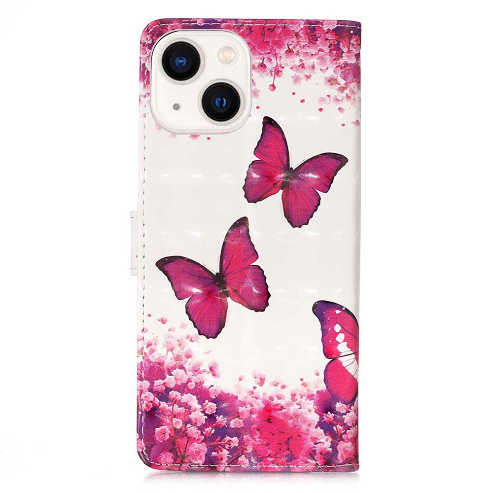 YB Pattern Printing Leather Series-2 for iPhone 15 Stand Phone Cover 3D Pattern Printed Flip Wallet Case - Rose Butterflies