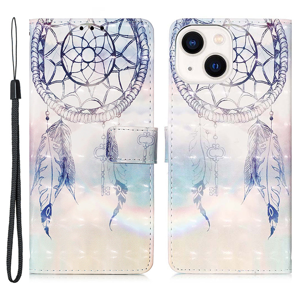 YB Pattern Printing Leather Series-2 for iPhone 15 Stand Phone Cover 3D Pattern Printed Flip Wallet Case - Dream Wind Chime