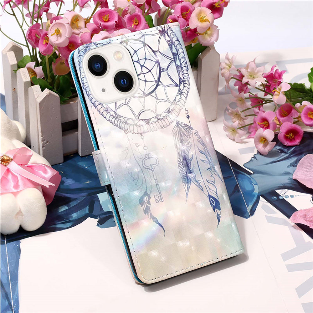 YB Pattern Printing Leather Series-2 for iPhone 15 Stand Phone Cover 3D Pattern Printed Flip Wallet Case - Dream Wind Chime