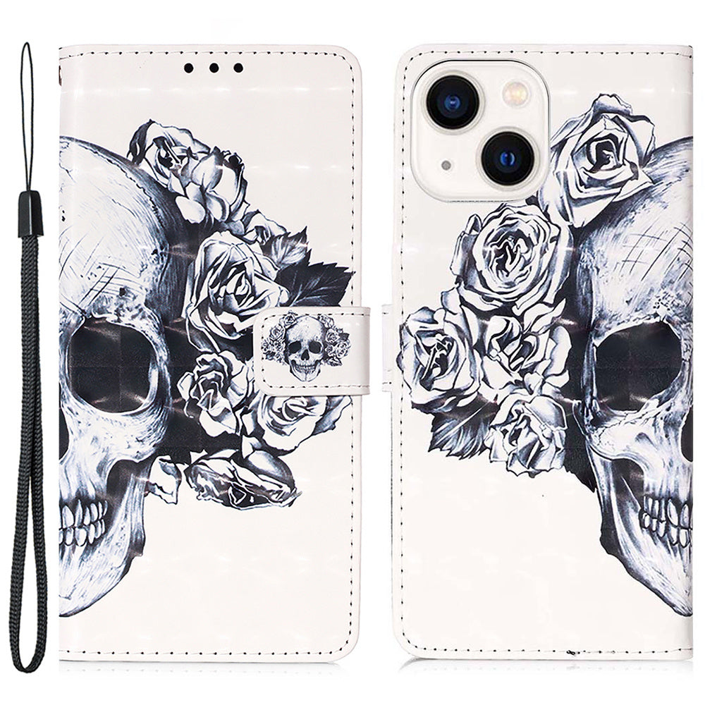 YB Pattern Printing Leather Series-2 for iPhone 15 Stand Phone Cover 3D Pattern Printed Flip Wallet Case - Skull
