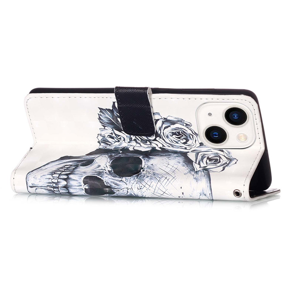 YB Pattern Printing Leather Series-2 for iPhone 15 Stand Phone Cover 3D Pattern Printed Flip Wallet Case - Skull