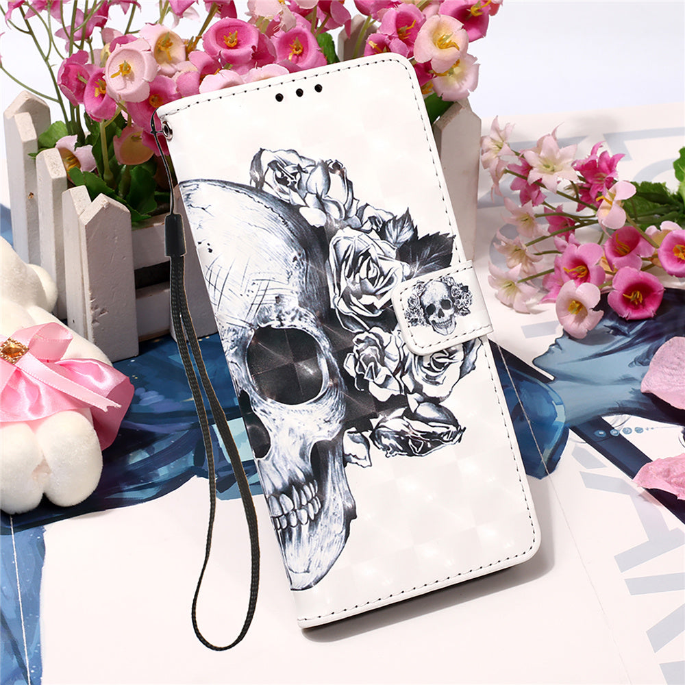 YB Pattern Printing Leather Series-2 for iPhone 15 Stand Phone Cover 3D Pattern Printed Flip Wallet Case - Skull