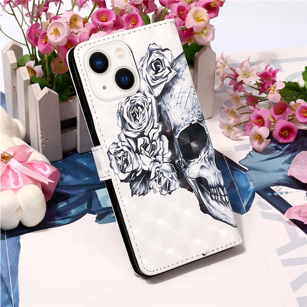 YB Pattern Printing Leather Series-2 for iPhone 15 Stand Phone Cover 3D Pattern Printed Flip Wallet Case - Skull