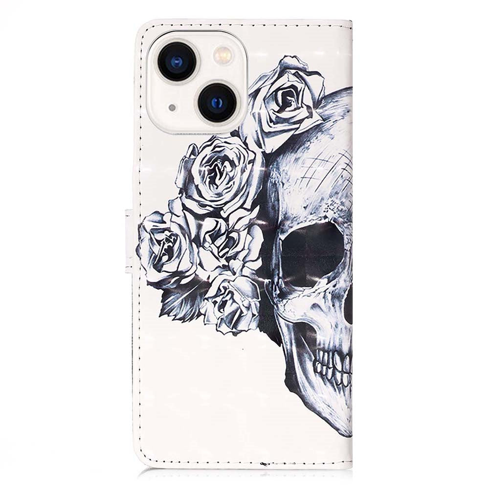 YB Pattern Printing Leather Series-2 for iPhone 15 Stand Phone Cover 3D Pattern Printed Flip Wallet Case - Skull