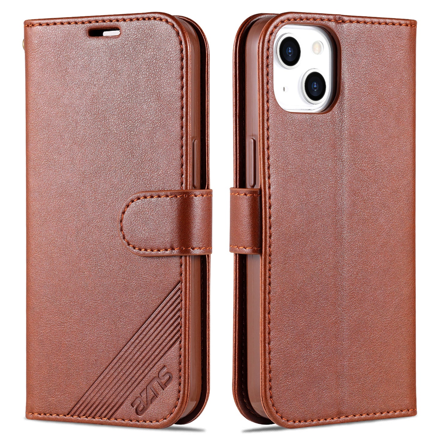 PU Leather Wallet Phone Case for iPhone 15 , Stand Phone Protective Cover - Brown