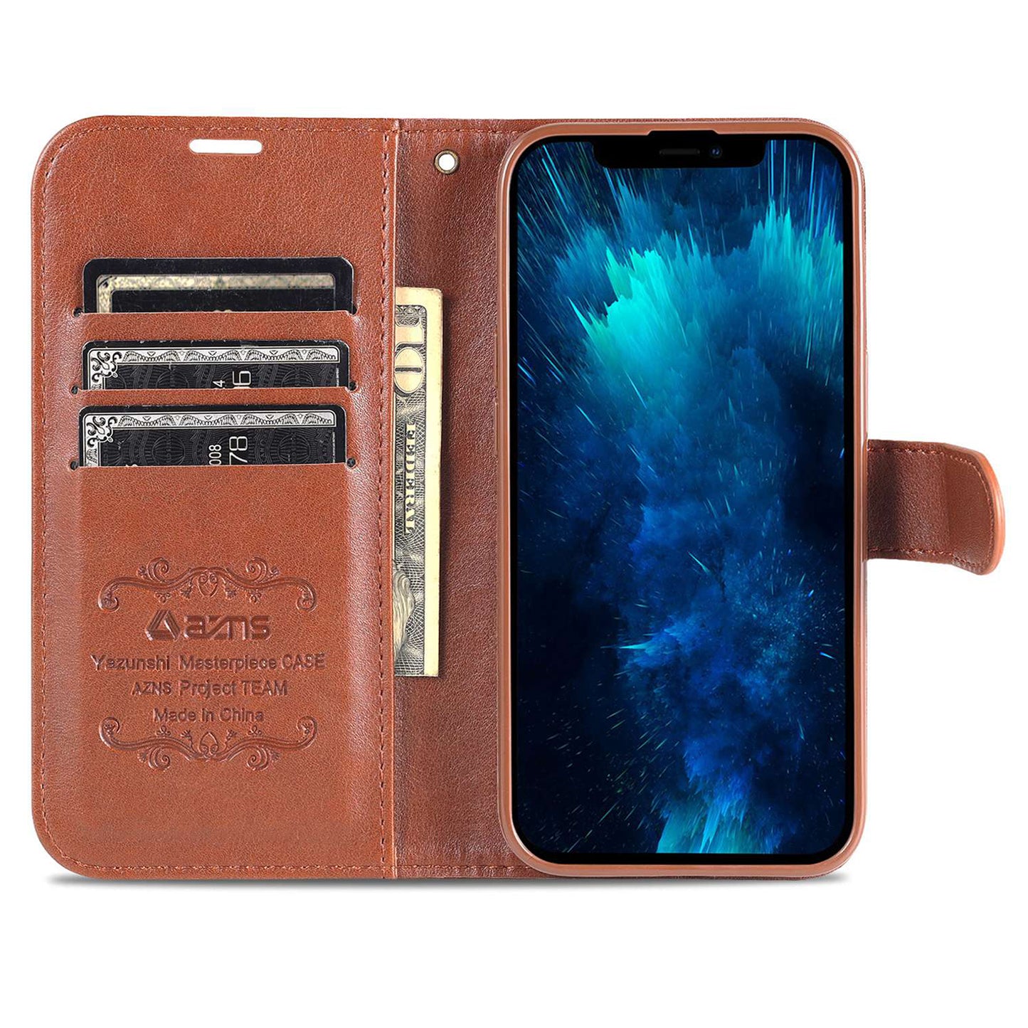 PU Leather Wallet Phone Case for iPhone 15 , Stand Phone Protective Cover - Brown