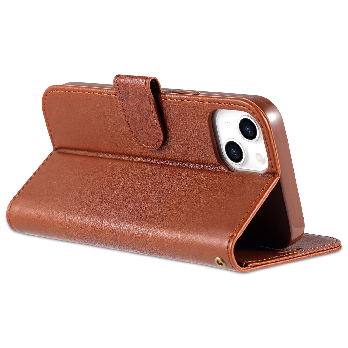 PU Leather Wallet Phone Case for iPhone 15 , Stand Phone Protective Cover - Brown