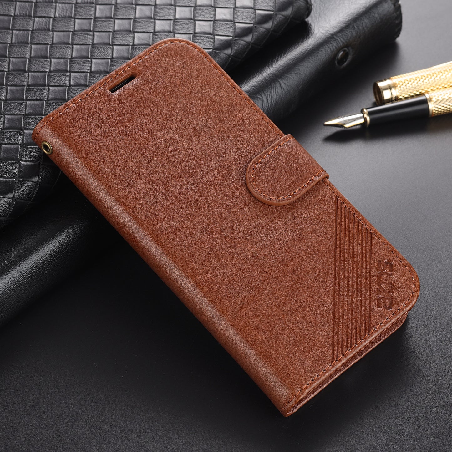 PU Leather Wallet Phone Case for iPhone 15 , Stand Phone Protective Cover - Brown