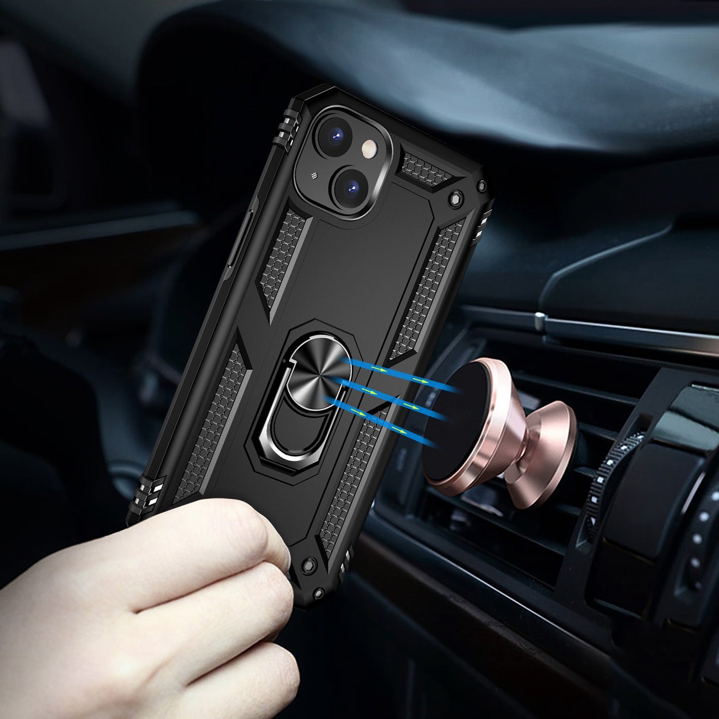 for iPhone 15 Anti-Scratch PC+TPU Cover Kickstand Phone Case with Built-in Magnetic Holder Metal Sheet - Black