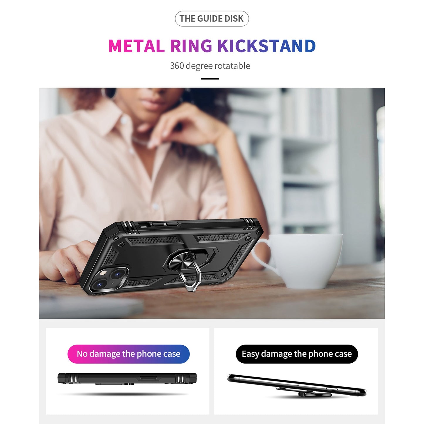 for iPhone 15 Anti-Scratch PC+TPU Cover Kickstand Phone Case with Built-in Magnetic Holder Metal Sheet - Black