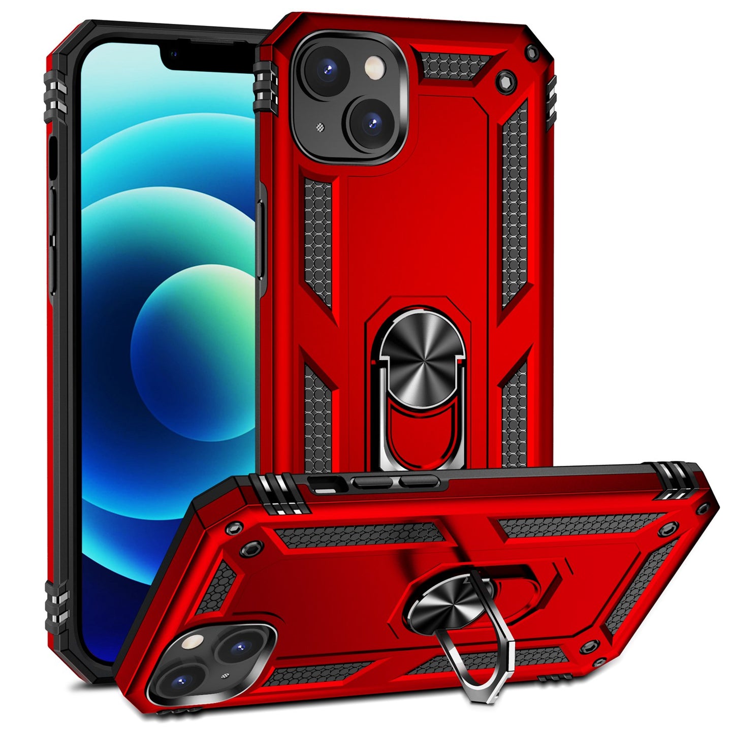 for iPhone 15 Anti-Scratch PC+TPU Cover Kickstand Phone Case with Built-in Magnetic Holder Metal Sheet - Red