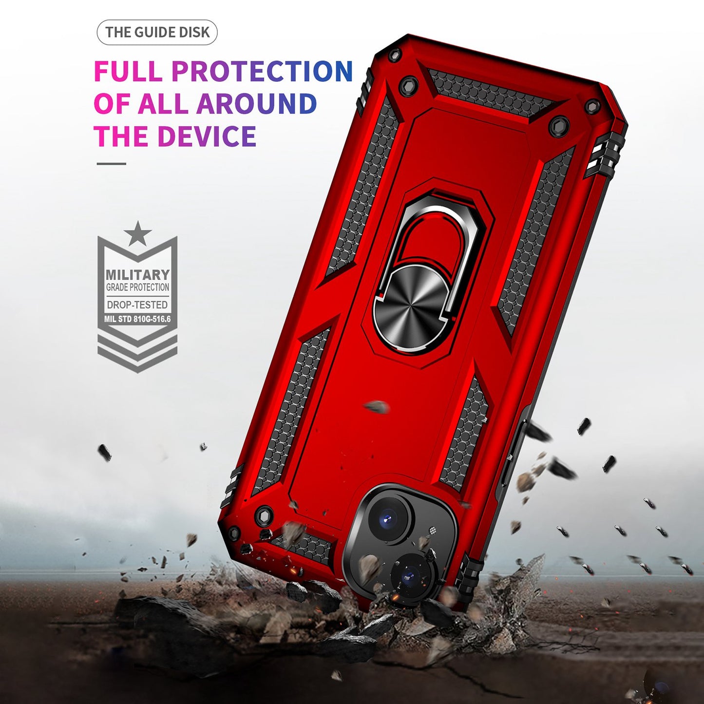for iPhone 15 Anti-Scratch PC+TPU Cover Kickstand Phone Case with Built-in Magnetic Holder Metal Sheet - Red