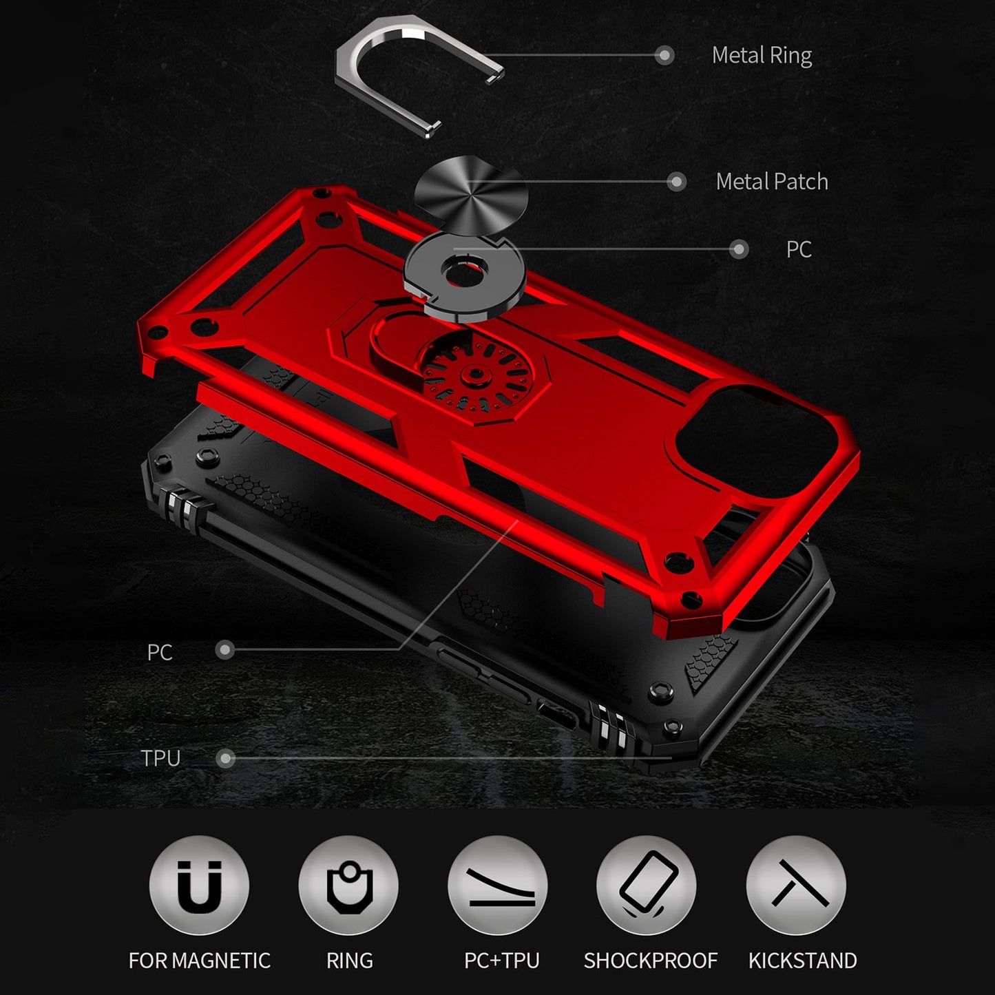 for iPhone 15 Anti-Scratch PC+TPU Cover Kickstand Phone Case with Built-in Magnetic Holder Metal Sheet - Red