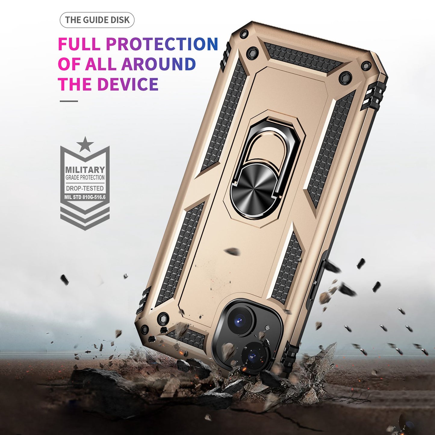 for iPhone 15 Anti-Scratch PC+TPU Cover Kickstand Phone Case with Built-in Magnetic Holder Metal Sheet - Gold