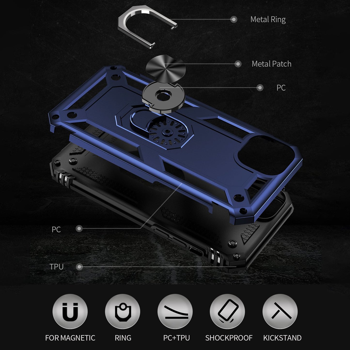 for iPhone 15 Anti-Scratch PC+TPU Cover Kickstand Phone Case with Built-in Magnetic Holder Metal Sheet - Blue