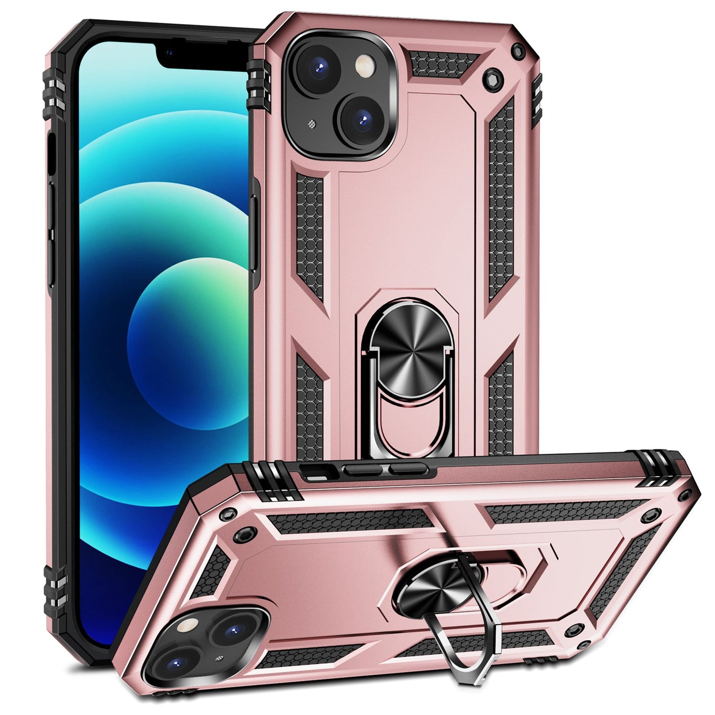 for iPhone 15 Anti-Scratch PC+TPU Cover Kickstand Phone Case with Built-in Magnetic Holder Metal Sheet - Rose Gold