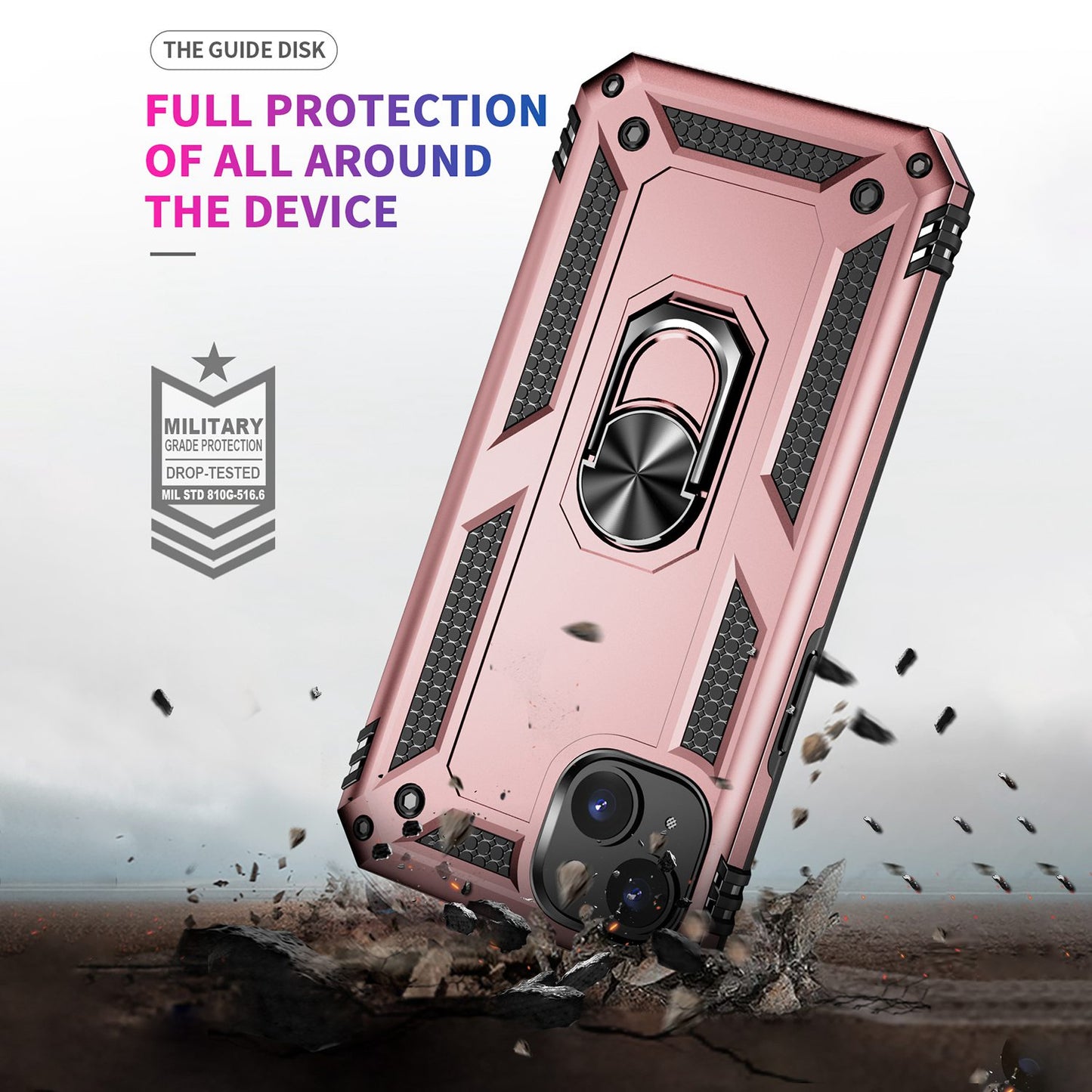 for iPhone 15 Anti-Scratch PC+TPU Cover Kickstand Phone Case with Built-in Magnetic Holder Metal Sheet - Rose Gold