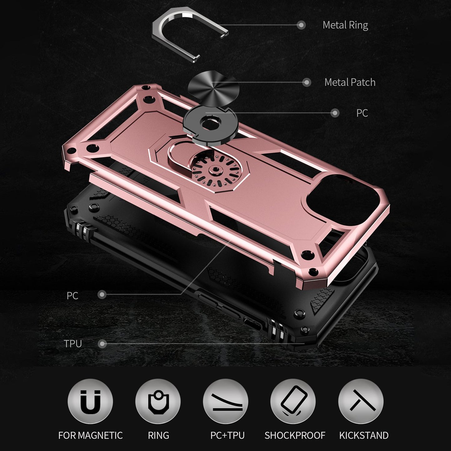 for iPhone 15 Anti-Scratch PC+TPU Cover Kickstand Phone Case with Built-in Magnetic Holder Metal Sheet - Rose Gold