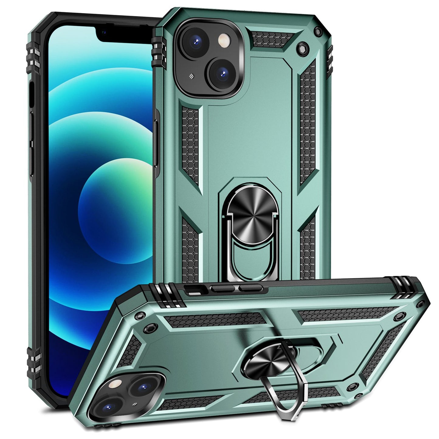 for iPhone 15 Anti-Scratch PC+TPU Cover Kickstand Phone Case with Built-in Magnetic Holder Metal Sheet - Green