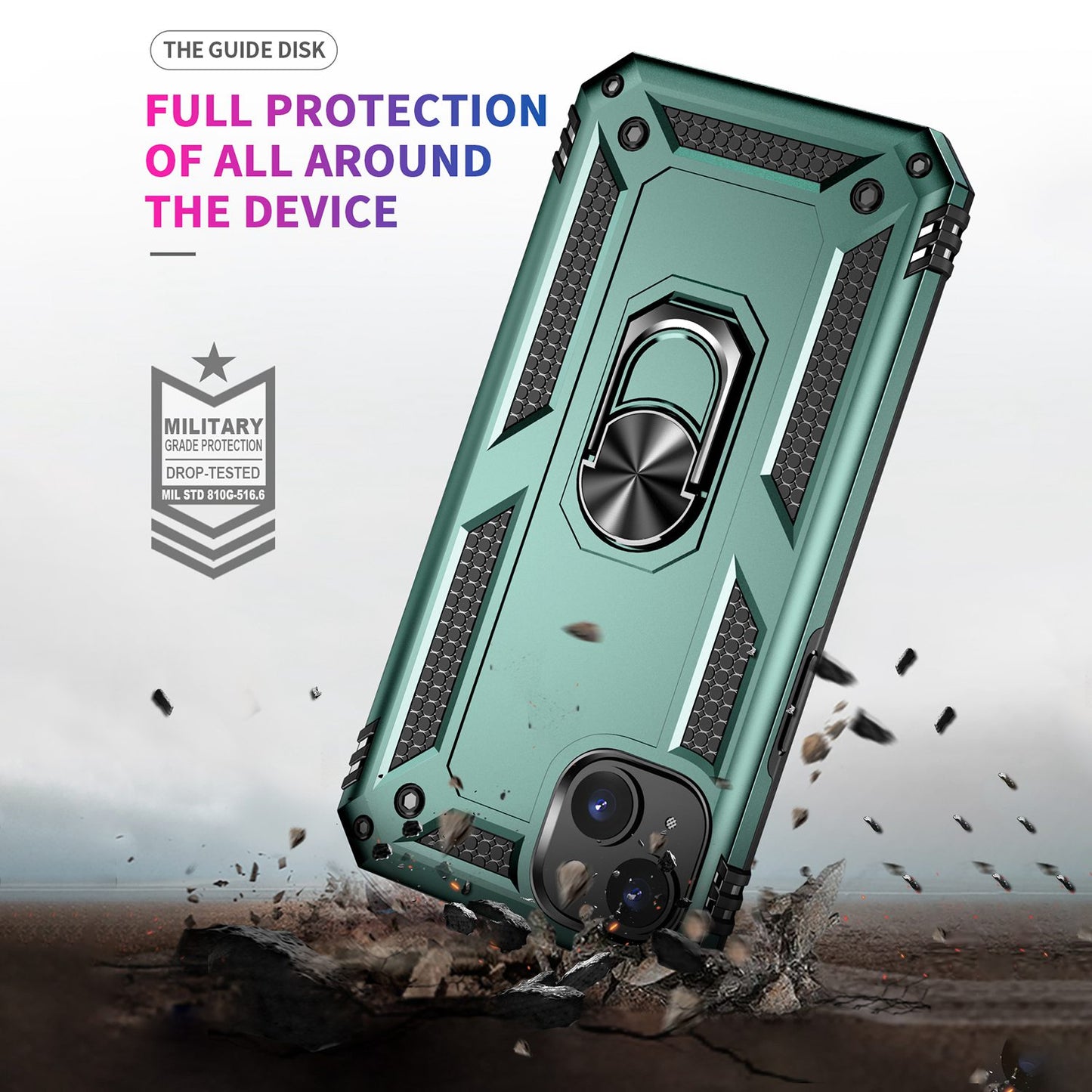 for iPhone 15 Anti-Scratch PC+TPU Cover Kickstand Phone Case with Built-in Magnetic Holder Metal Sheet - Green