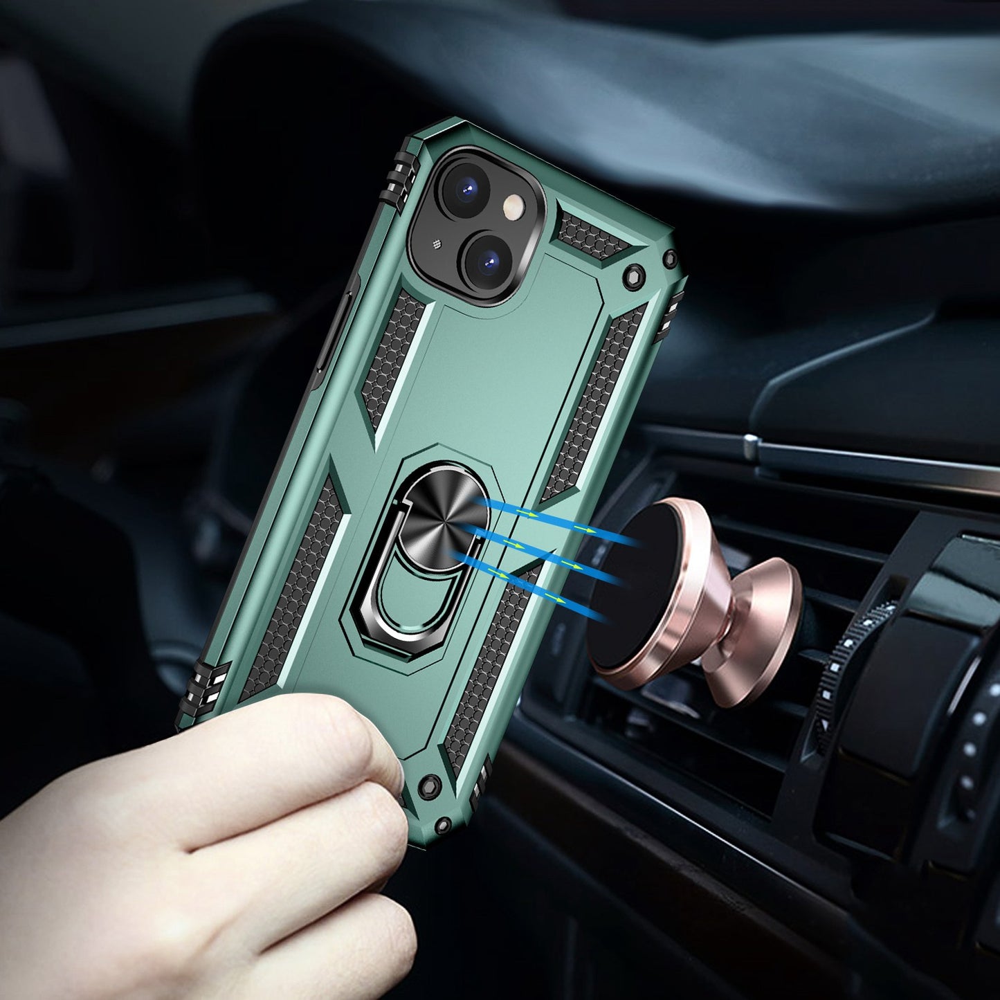 for iPhone 15 Anti-Scratch PC+TPU Cover Kickstand Phone Case with Built-in Magnetic Holder Metal Sheet - Green