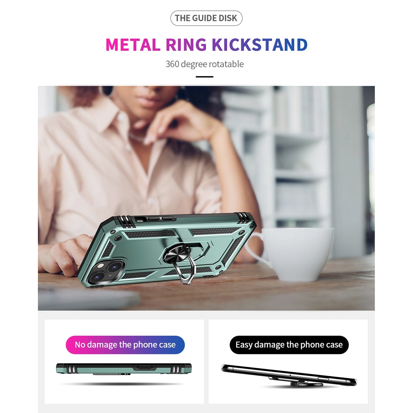 for iPhone 15 Anti-Scratch PC+TPU Cover Kickstand Phone Case with Built-in Magnetic Holder Metal Sheet - Green