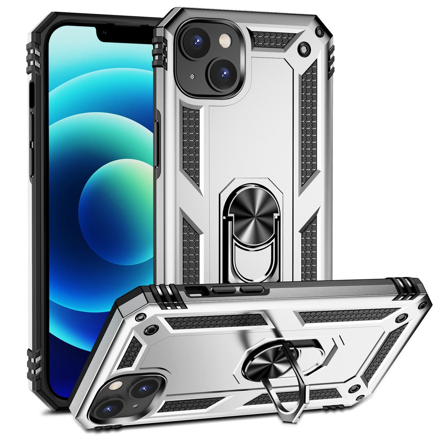 for iPhone 15 Anti-Scratch PC+TPU Cover Kickstand Phone Case with Built-in Magnetic Holder Metal Sheet - Silver