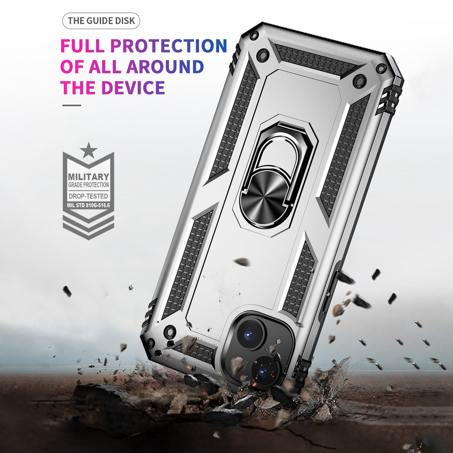 for iPhone 15 Anti-Scratch PC+TPU Cover Kickstand Phone Case with Built-in Magnetic Holder Metal Sheet - Silver