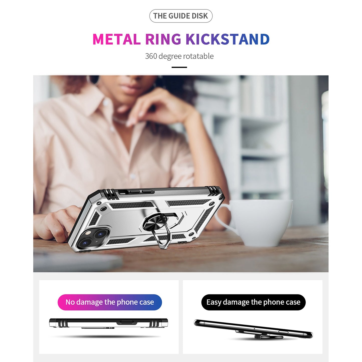 for iPhone 15 Anti-Scratch PC+TPU Cover Kickstand Phone Case with Built-in Magnetic Holder Metal Sheet - Silver