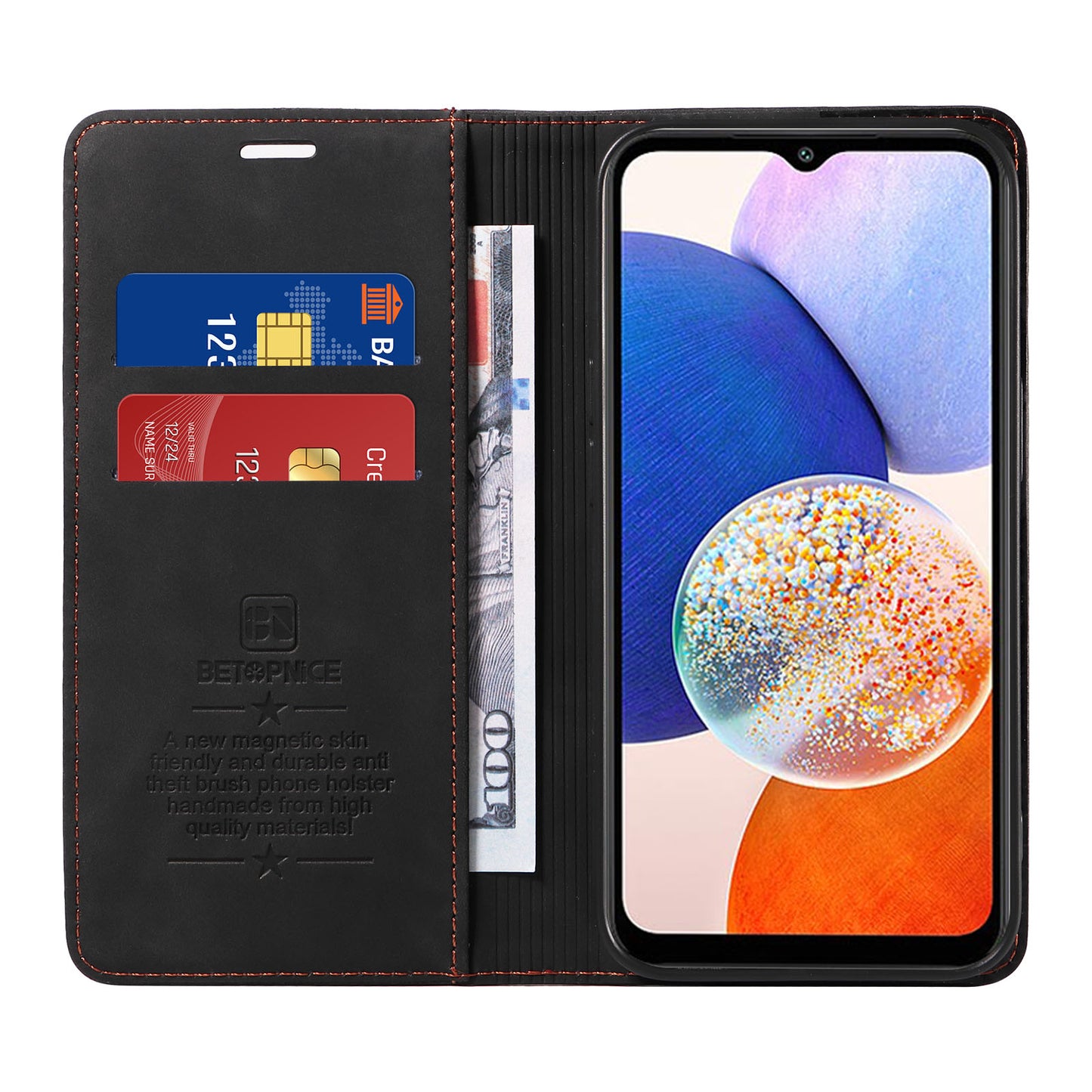 Uniqkart 003 For Samsung Galaxy A14 4G / 5G Phone Stand Cover Shockproof Wallet RFID Blocking PU Leather Case - Black