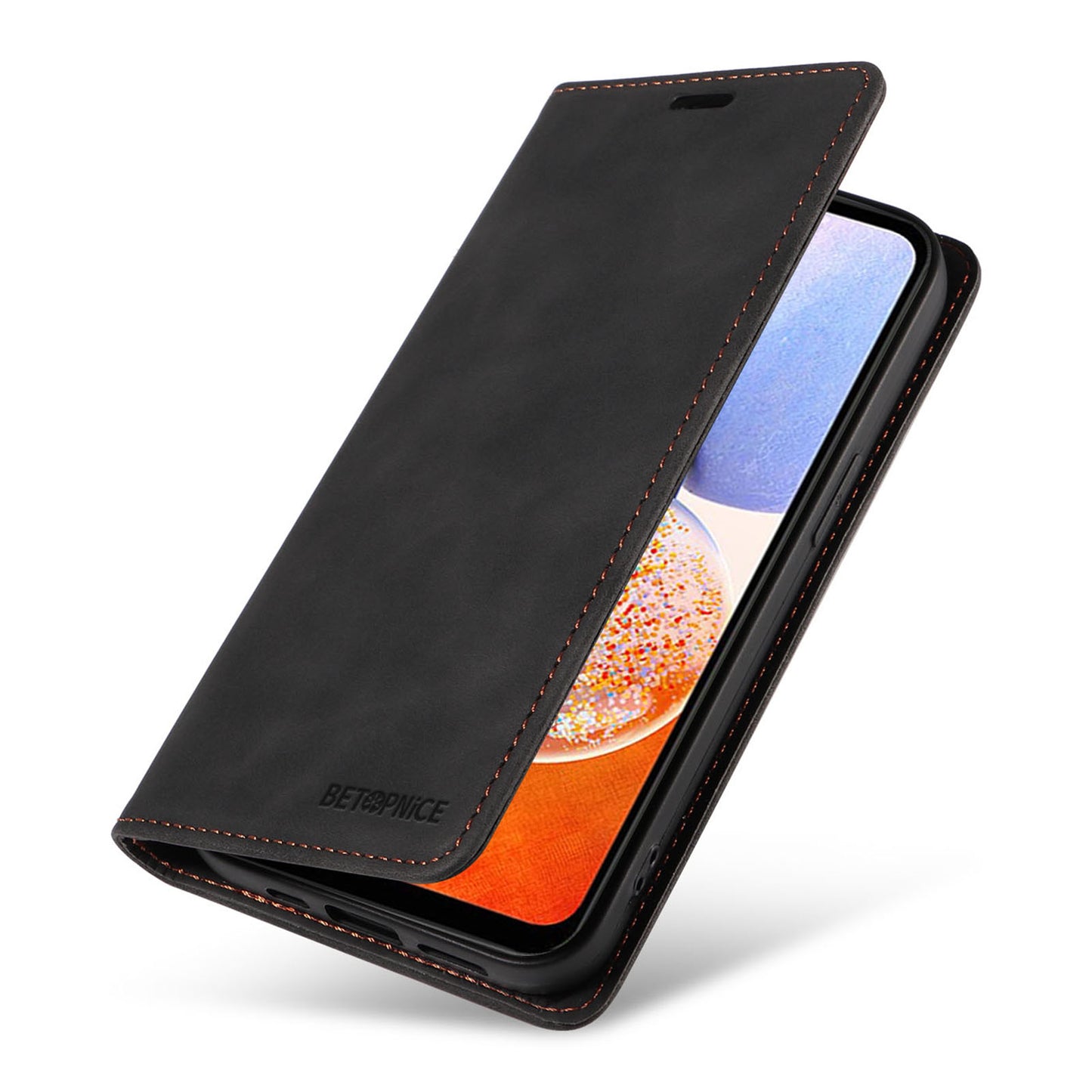 Uniqkart 003 For Samsung Galaxy A14 4G / 5G Phone Stand Cover Shockproof Wallet RFID Blocking PU Leather Case - Black