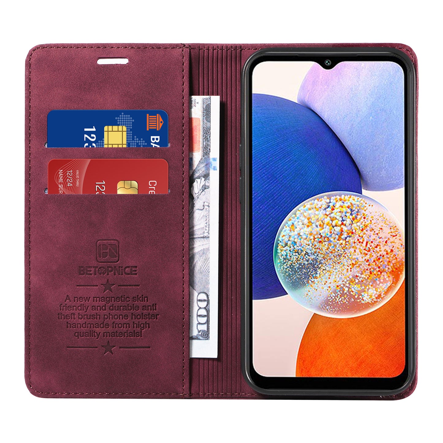Uniqkart 003 For Samsung Galaxy A14 4G / 5G Phone Stand Cover Shockproof Wallet RFID Blocking PU Leather Case - Red