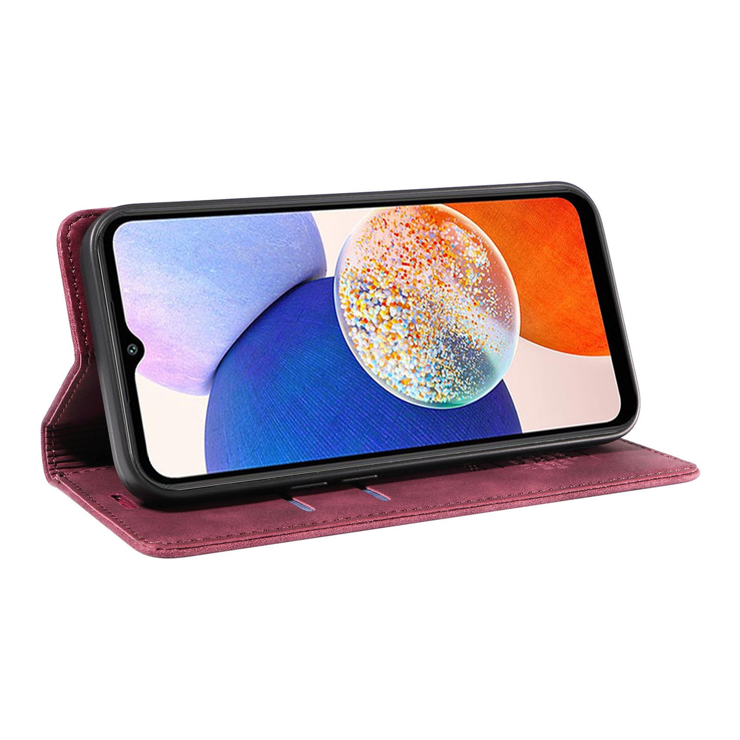 Uniqkart 003 For Samsung Galaxy A14 4G / 5G Phone Stand Cover Shockproof Wallet RFID Blocking PU Leather Case - Red