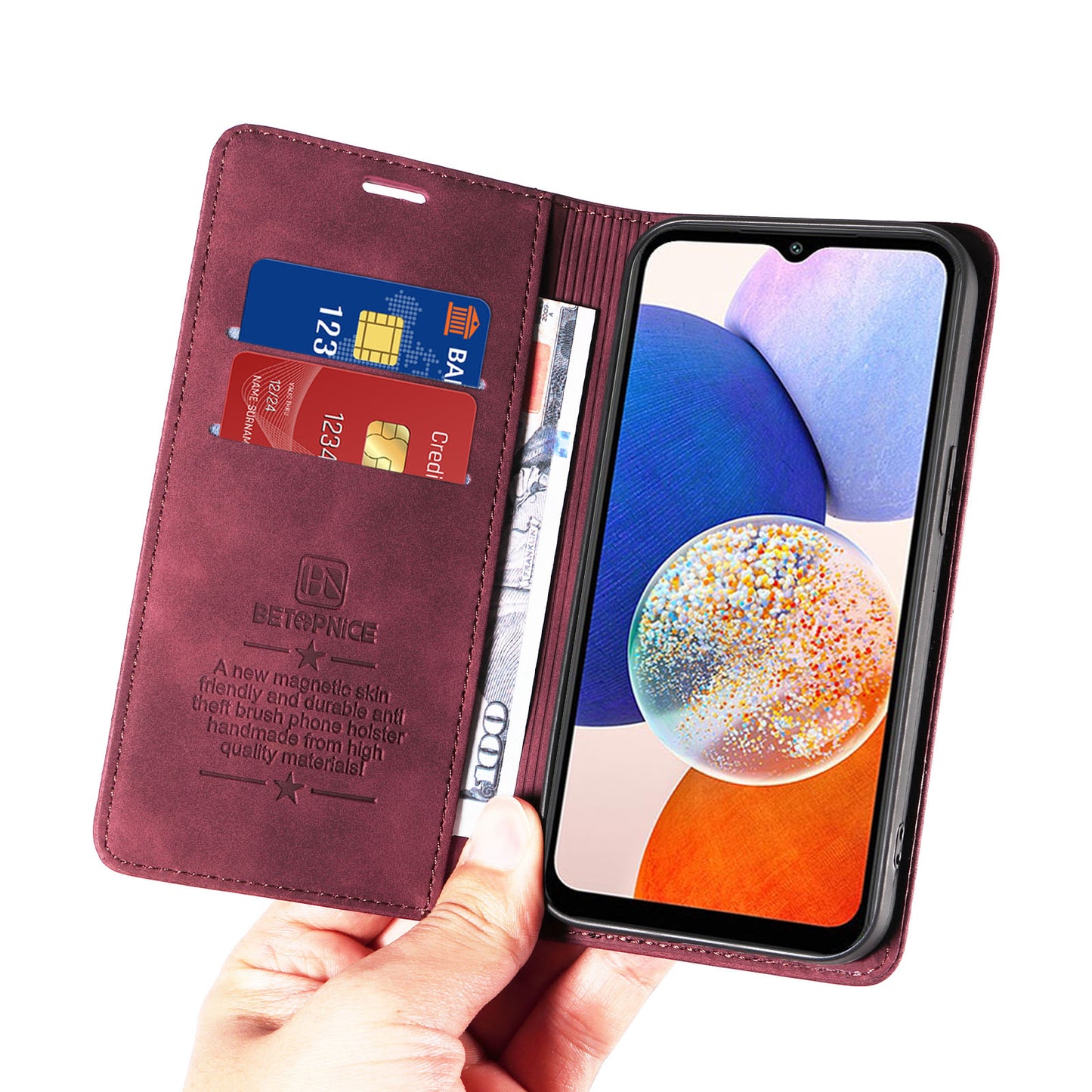 Uniqkart 003 For Samsung Galaxy A14 4G / 5G Phone Stand Cover Shockproof Wallet RFID Blocking PU Leather Case - Red