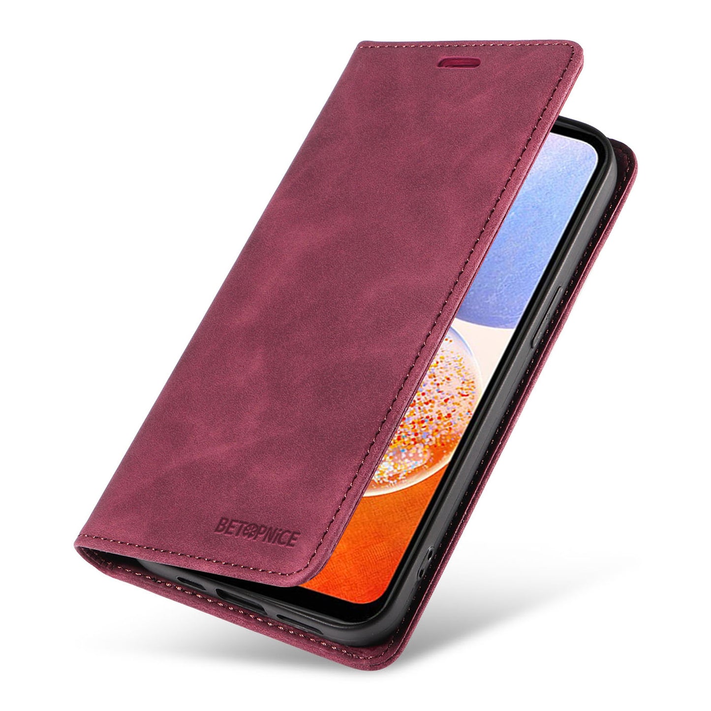 Uniqkart 003 For Samsung Galaxy A14 4G / 5G Phone Stand Cover Shockproof Wallet RFID Blocking PU Leather Case - Red