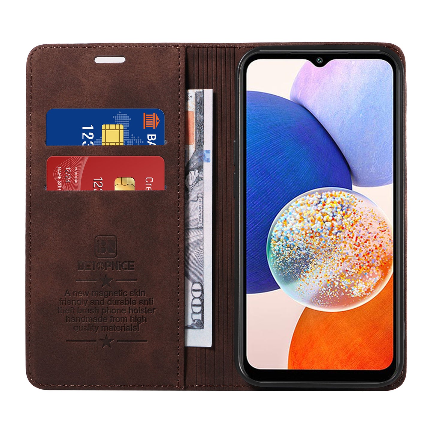 Uniqkart 003 For Samsung Galaxy A14 4G / 5G Phone Stand Cover Shockproof Wallet RFID Blocking PU Leather Case - Brown