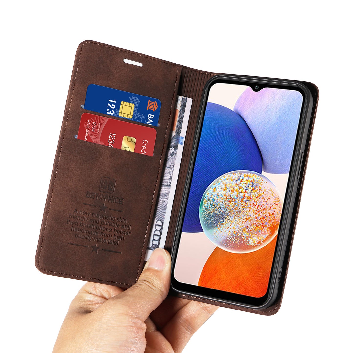 Uniqkart 003 For Samsung Galaxy A14 4G / 5G Phone Stand Cover Shockproof Wallet RFID Blocking PU Leather Case - Brown