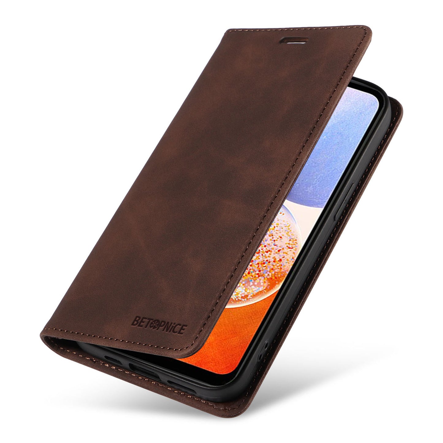 Uniqkart 003 For Samsung Galaxy A14 4G / 5G Phone Stand Cover Shockproof Wallet RFID Blocking PU Leather Case - Brown