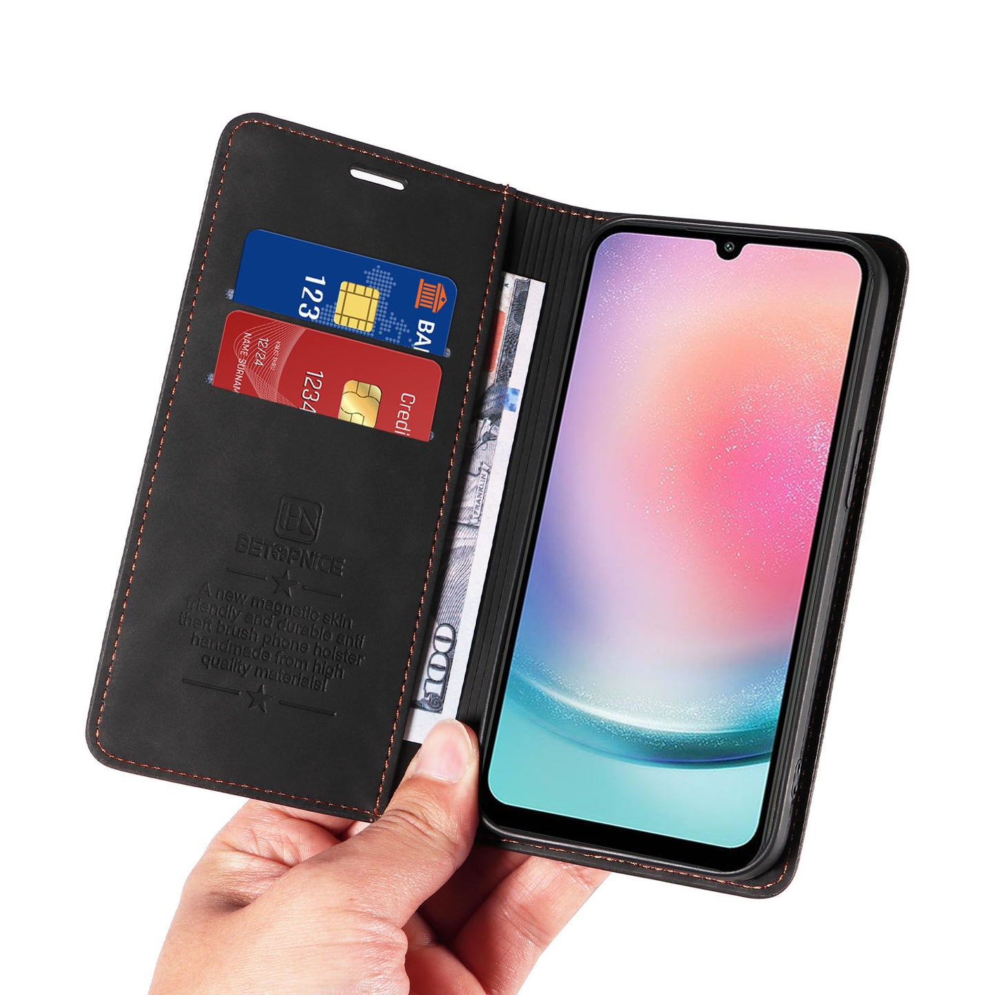 Uniqkart 003 For Samsung Galaxy A24 4G RFID Blocking PU Leather Stand Cover Shockproof Wallet Cell Phone Case - Black