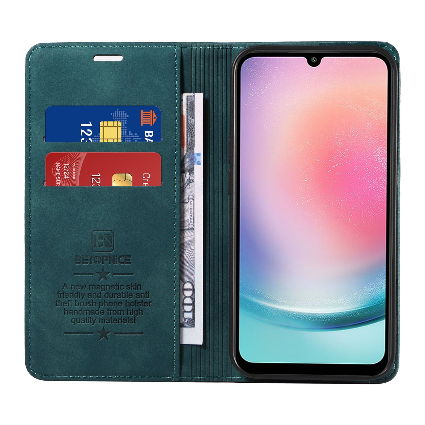 Uniqkart 003 For Samsung Galaxy A24 4G RFID Blocking PU Leather Stand Cover Shockproof Wallet Cell Phone Case - Green