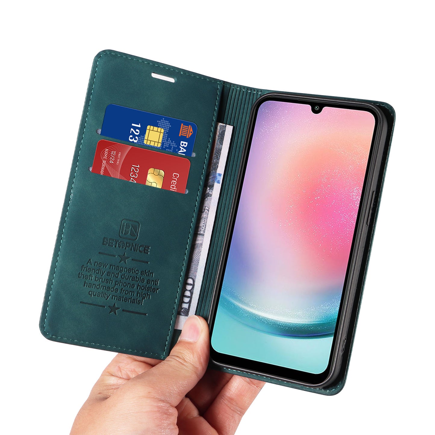 Uniqkart 003 For Samsung Galaxy A24 4G RFID Blocking PU Leather Stand Cover Shockproof Wallet Cell Phone Case - Green