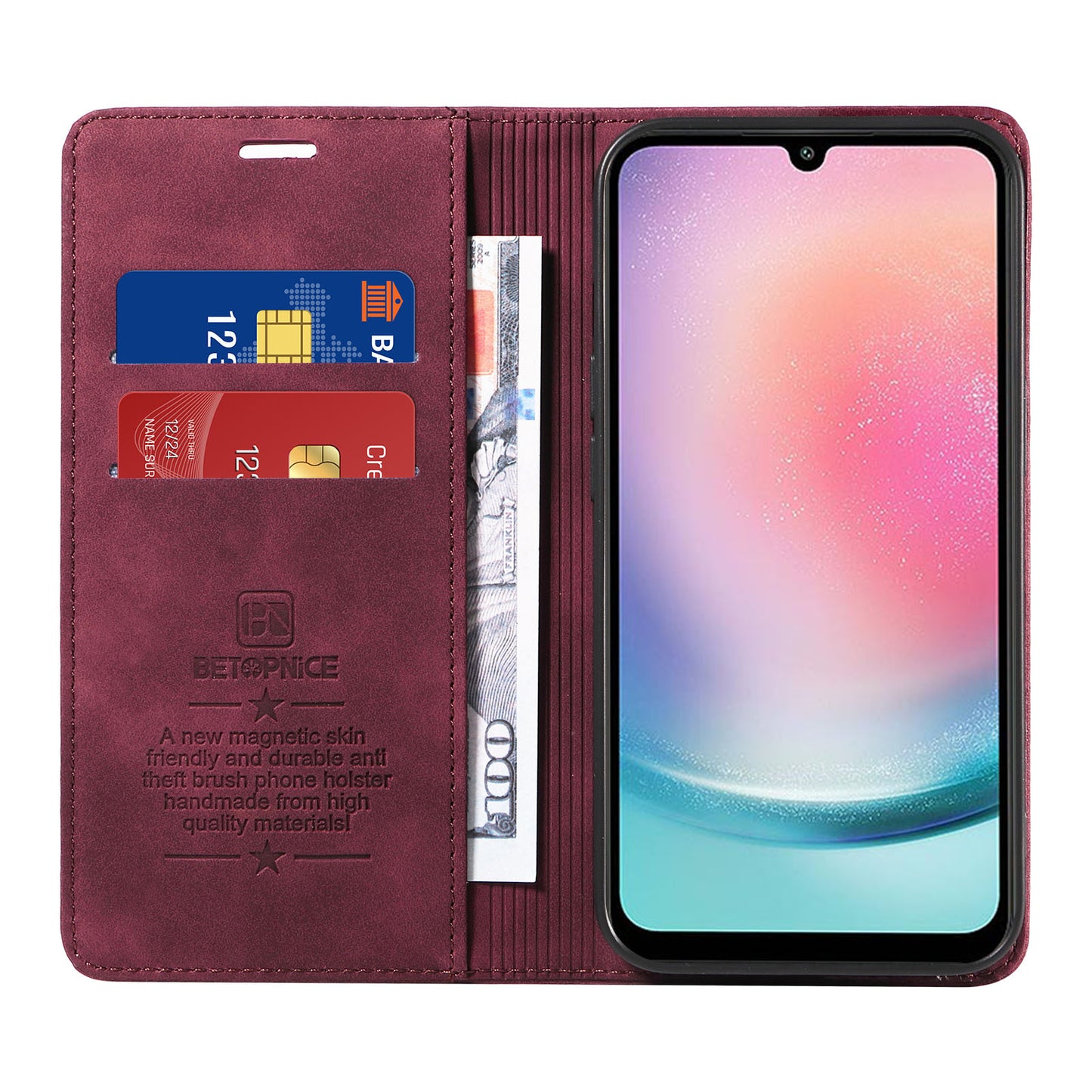 Uniqkart 003 For Samsung Galaxy A24 4G RFID Blocking PU Leather Stand Cover Shockproof Wallet Cell Phone Case - Red