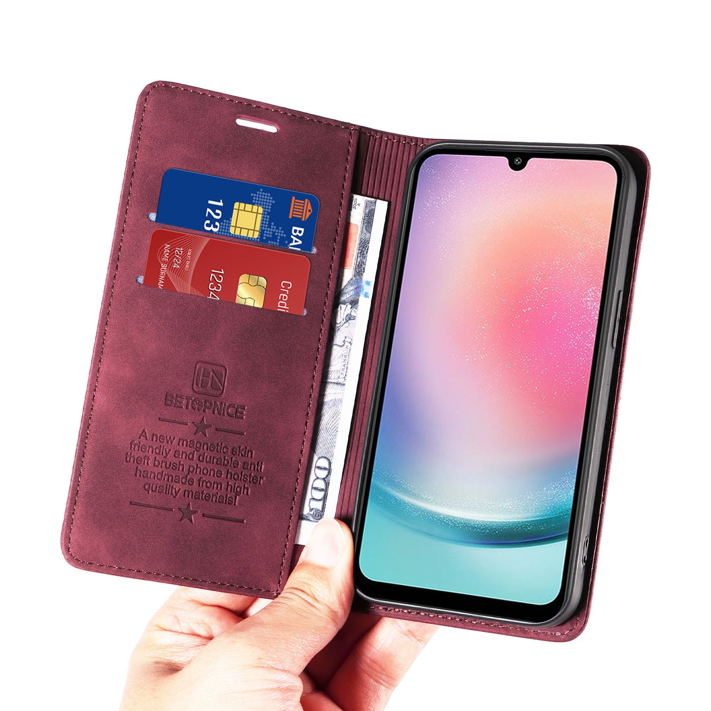 Uniqkart 003 For Samsung Galaxy A24 4G RFID Blocking PU Leather Stand Cover Shockproof Wallet Cell Phone Case - Red